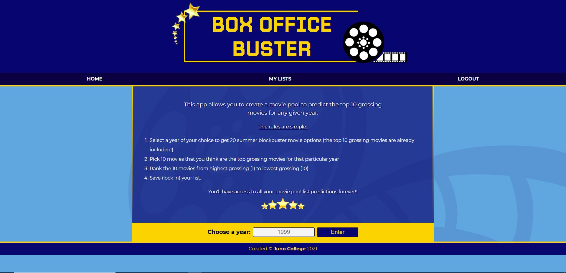 Screenshot of the box office boffo app where users can guess the top 10 grossing movies