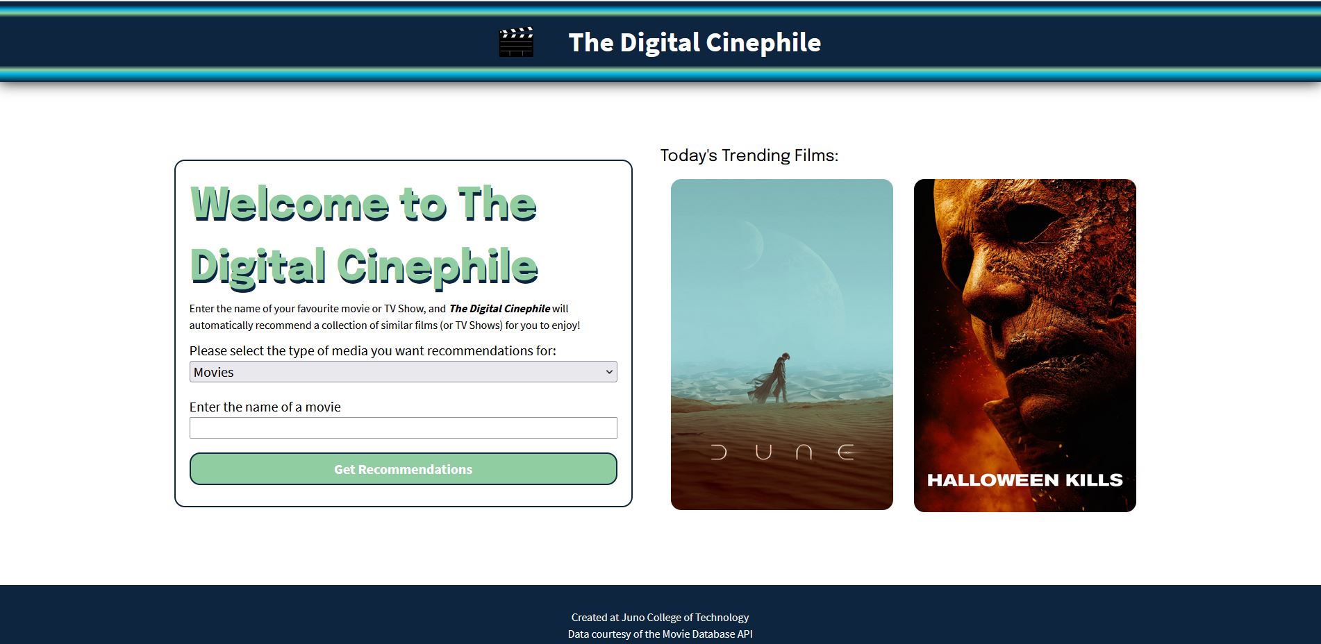 Screenshot of the front page with a form where you can get movie recommendations