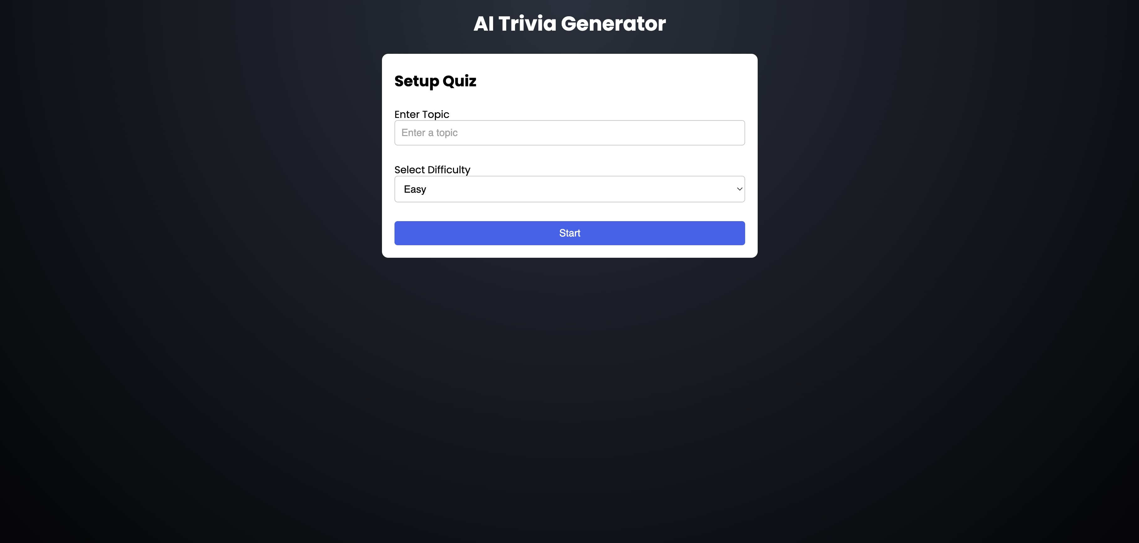 homepage of ai trivia generator app